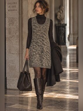 Emiliano Rinaldi Womens Sweater Dress Sz 42 US 8 Cream Black Wool Tunic $815